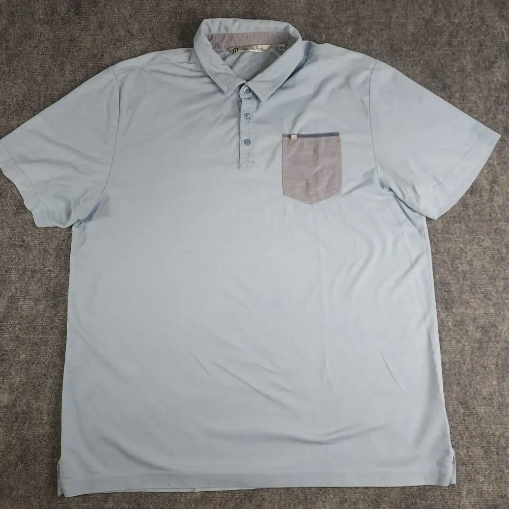 Travis Mathew Polo 2XL Light Blue Solid Gray Pocket Golf Pima Cotton Polyester